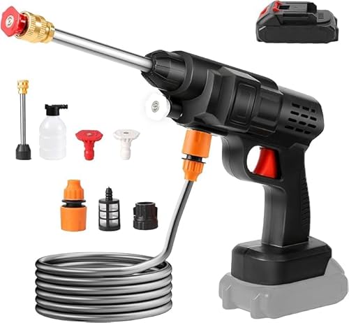 21V 20bar Cordless Pressure Washer, 6000mah Portable High Pressure Water Gun, with 5m Hose, 6-In-1 Multi-Spray Nozzle, High Pressure Washer for Car Floor Patio Garden (1 battery 1 charger)