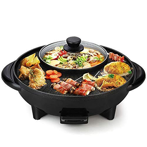 FEELING MALL 2 in 1 Electric BBQ Hotpot Korean Style Non Stick Coating Surface Smokeless Double Layer Barbecue Raclette Grill Griddle Plate Pan with Glass Lid for Tandoor Veg-Non Veg Cooking Grill Pan