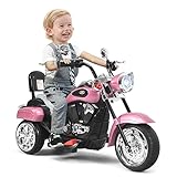 COSTWAY Moto Électrique 6V pour Enfants, Bouton Avant/Arrière, Phare Réglable de Haut en Bas, 3 Roues, Pédales et Dossier, Style de Chopper, Charge Max 30 kg, pour Enfants 3+ (Rose Clair)…