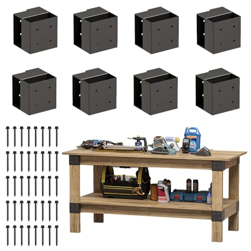 Rust-Resistant Workbench Bracket Kit 8 Pcs Heavy Duty Steel 3-Way Corner Braces with 64 Screws for 2x4 Wood DIY Workbench Garage Shelving Firewood Rack Kitchen Storage Rack
