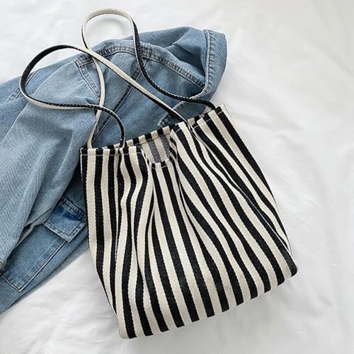Shopping Bag Large Capacity Handbag Underarm Portable Striped Female Totes(black)