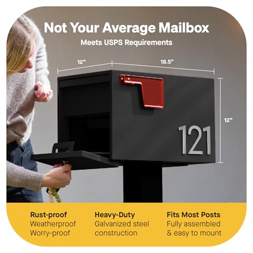Image of Adoorn Lockable Post Mount Mailboxes for Outside - Small Anti-Theft Locking Mailbox for Packages and Letters - Weatherproof Construction - Durable Steel - 12 inch H x 12 inch W x 18.5 inch D - Black