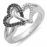Dazzlingrock Collection 0.25 Carat (ctw) Sterling Silver Round Black & White Diamond Ladies Tangled Double Heart Love Promise Ring 1/4 CT, Size 7