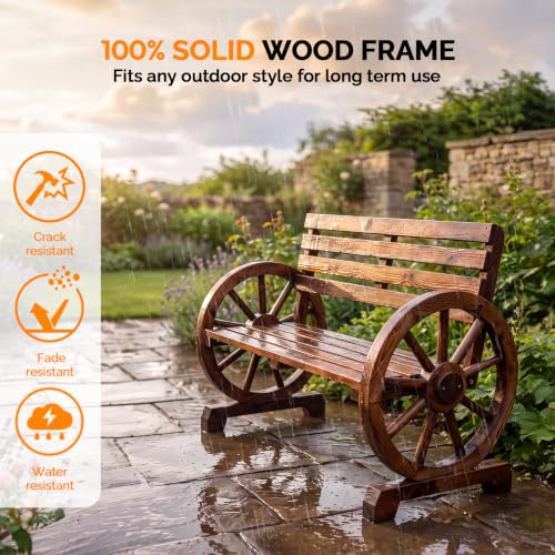 Image of VINGLI Rustic Wooden Wheel Bench Outdoor Bench, Patio Bench Wagon Slatted Seat, Garden Benches for Outdoors 350lbs High Capacity, Weather Resistance (Rustic, 41in)