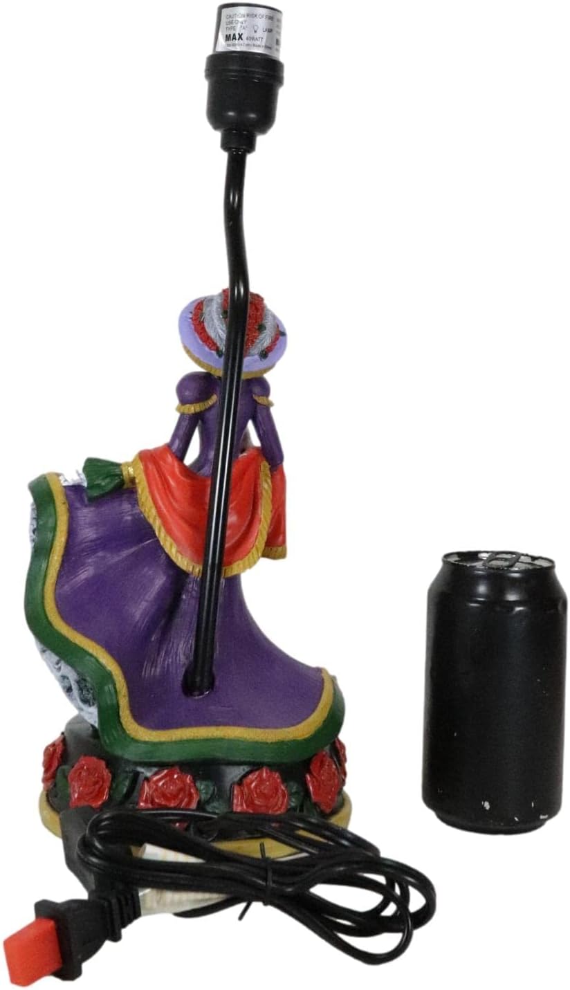 Ebros Gift Day of The Dead Colorful La Calavera Catrina Sugar Skull Dancer Standing On Red Roses Base Sculptural Desktop Table Lamp with Fabric Shade Halloween Macabre Decorative Accent Light