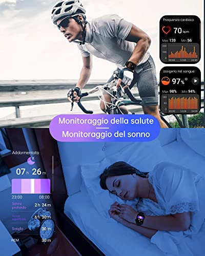 Smartwatch-Uomo-Donna - 1,85'' Schermo Orologio Smart Watch, Effettua/Risposta Chiamate, 7/24h Cardiofrequenzimetro/Ossigeno Nel Sangue/Contapassi/Monitoraggio del Sonno, per Android iOS