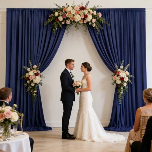 Image of 10ft x 10ft Navy Blue Backdrop Curtains for Parties, Polyester Fabric Backdrop Drapes with Rod Pockets for Weddings, Birthday, Halloween, Photography, Christmas Party Background Curtain, 2 Panels