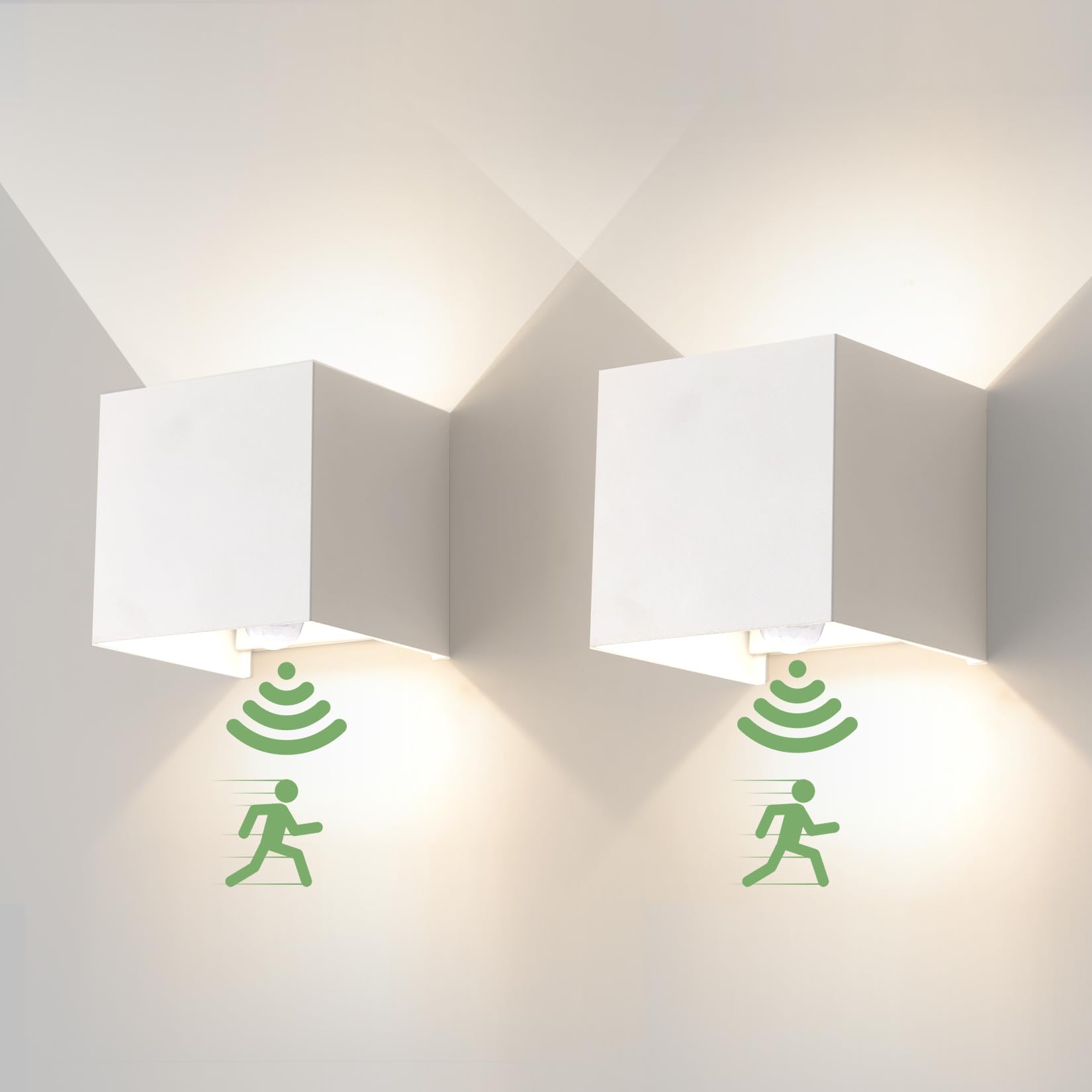wisdom line LED Wall Light 12 W with Seasors of Motion 2 Pieces Indoor/Outdoor Wall Light 4000 K Natural White Wall Lamps Beam Angle Adjustable Up and Down White IP65
