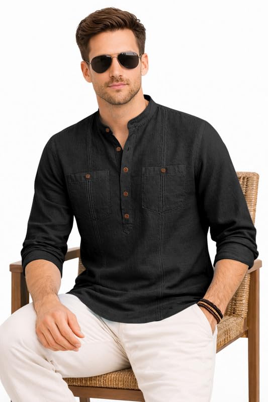 Image of ROYALSCOUT Men's Cotton Polyester Blend Kurta Style Shirt with Mandarin Collar, Half Button Placket, Dual Chest Pockets, Long Sleeve Casual Ethnic Fusion Wear for Office, Festive and Daily Use