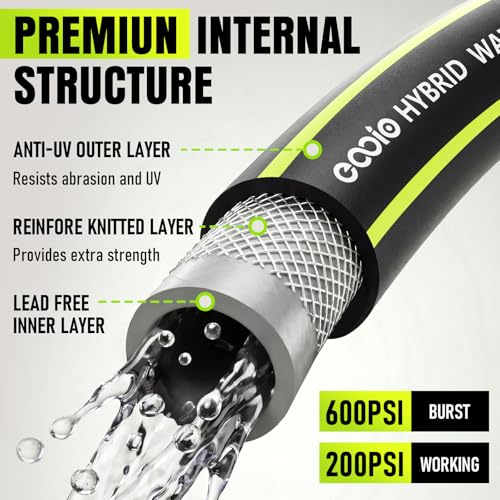 Image of Garden Hose 50ft x 5 /8 inch, Heavy Duty Water Hose, Flexible and Durable, Kink Resistant Lightweight Hybrid Hose, Leakproof Yard Hose with Male to Female Fittings