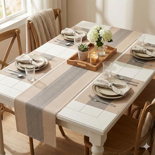 Image of YELONA Placemats and Table Runner Set - Heat Resistant, Non-Slip & Washable PVC Vinyl Dining Table Mats - Almond Beige (4 Placemats: 45x30 cm, 1 Runner: 180x30 cm)