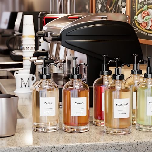 Image of 16.9 oz /500 ml Coffee Syrup Dispenser Set - 6 Glass Bottles with Black Pumper and Syrup Labels - Precise Dispensing and Stylish Addition to Coffee Shop, Cafe or Home Bar