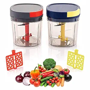 YAJNAS Premium Vegetable & Fruit Chopper with Anti Slip Silicon Base Ring, Air Tight Lid, for Chopping, Mincing and Whisking with 1 Plastic Whisker & 4 SS Blades (Color - Multicolor,Pack Of 2)(Size- 1000 ML)