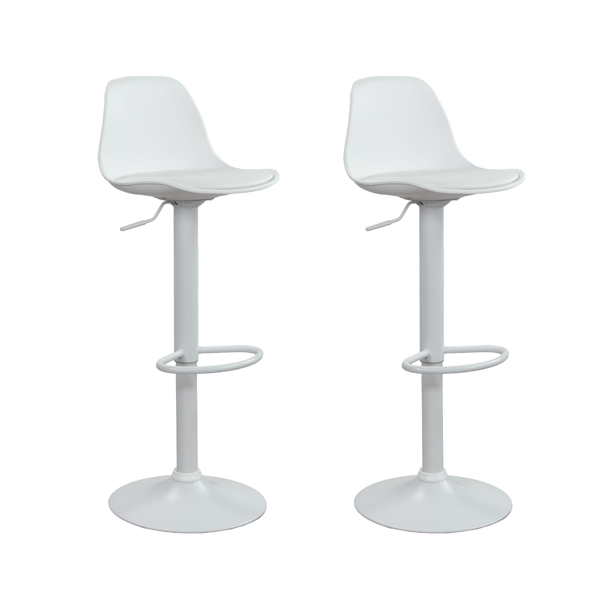 Vaukura Juego de 2 Taburetes de Bar Regulables en Altura con pistón de Gas | Taburete de Cocina con Asiento Acolchado de Polipropileno Blanco | Base metálica lacada Blanco Mate con reposapiés