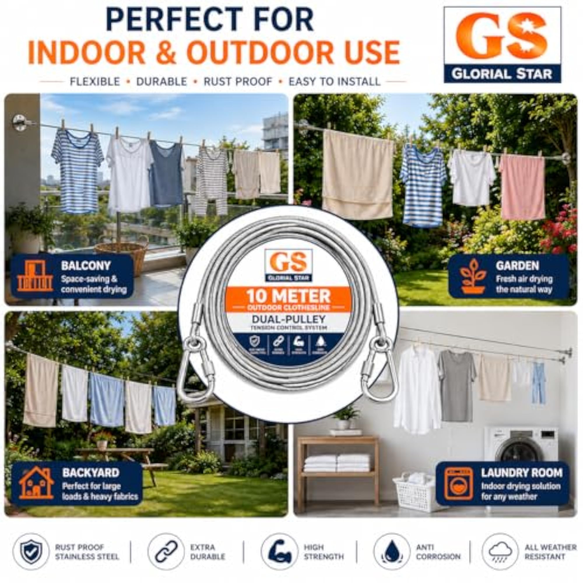 Outdoor Clothesline Wire Rope with Carabiner Hooks