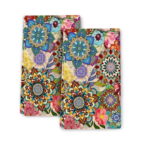 Boho Floral Kitchen Towels Decorative Set of 2, Colorful Flowers ...