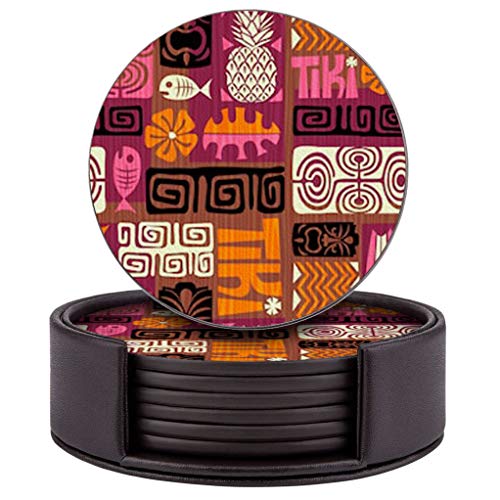 Set Of 6 Round Leather Coasters With Holder For Bar, Drinks, Coffee (Exotic Tiki Use Pattern) #TOP10