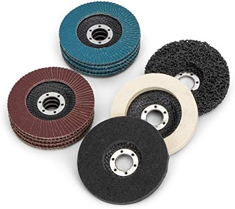 Zestaw tarcz wachlarzowych i polerskich, 11 części, Ø 125 mm, tarcza wachlarzowa, 4 x niebieska (Inox) 4 x brązowa (standard), ziarno 40/60/80/120, 1 x gruba tarcza czyszcząca, 2 x tarcza polerska