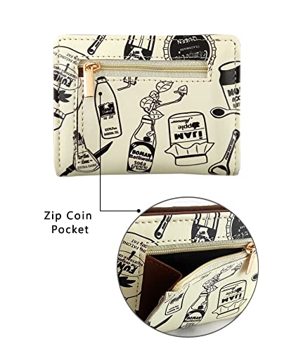 Image of Funk For Hire Vegan Leather Slim Wallet for Men Women White Printed Card Holder Minimalist Bifold with 6 Card Slots Cash Compartment and Zippered Coin Pouch
