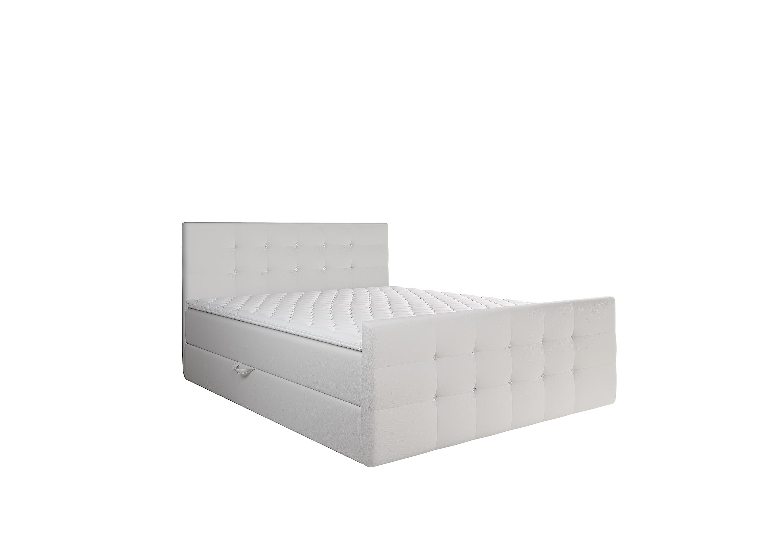 KEF Paris Boxspringbett 160x200 cm - Bett mit Matratze und Topper - Doppelbett mit Bettkasten - Polsterbett mit Kopfstütze - Bonell-Matratze H3 - Weiß Kunstleder