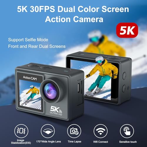 Image of LaView 5K WiFi Touch Screen Action Camera with Front LCD EIS 100FT Waterproof,Underwater 170Ultra Wide Angle 5X Zoom Sports Camera with 2.4G 15M Remote Control 32GB Memory Card (LV-03)4k
