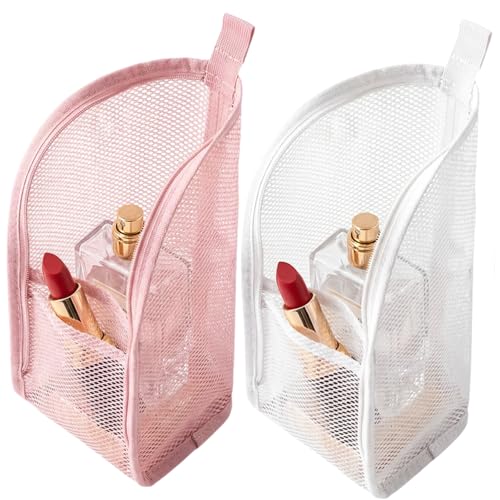 lulupureclean Standing Toiletry Bag 2026 New Lightweight Foldable Travel Toiletry Bag Waterproof Mesh Cosmetic Bag for Vacation Portable Compact Toiletry Organizers for Weekends (White and Pink)