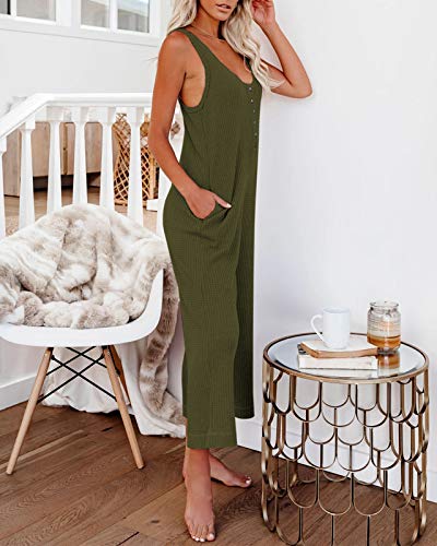 Womens Sleeveless Tank Jumpsuits Wide Leg Pants Rompers Scoop Neck Button Waffle Knit Jumper Overall #TOP1