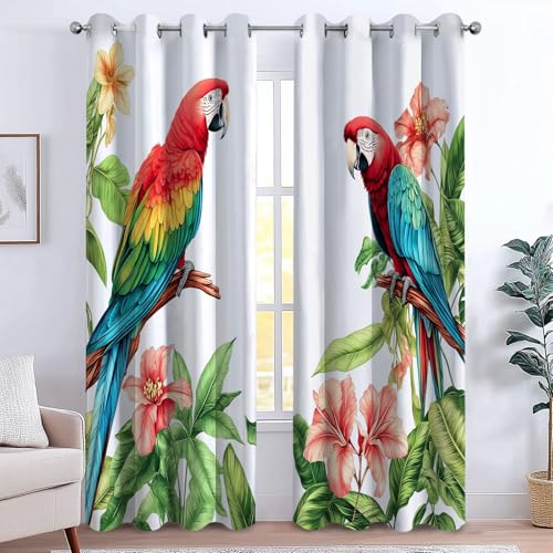 Cortinas Opacas para Niños, Selva Tropical Loros Plantas,Térmicas Aislantes Frío y Calor, Reducción de Ruido, Protección de Intimidad, 280 x 245 cm para Hogar y Dormitorio Infantil