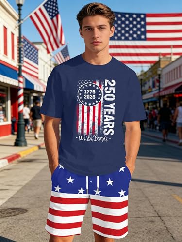 Image of Ithalt Patriotic Shirts for Men 4th of July Outfit 2 Piece Set Short Sleeve and Shorts American Flag 250th Anniversary