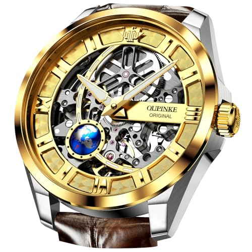 Image of OUPINKE Mens Automatic Gold Watch 42mm Skeleton Large Dial Luxury Dress Slef-Winding Mechanical Watch, Sapphire Crystal Mirror, Waterproof Luminous Stainless Steel Case