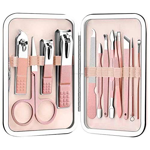 Pengxiaomei 12 pcs Professional Nail Clippers Kit, Manicure Pedicure Set Stainless Steel Grooming Tools Manicure Tool Kit with Leather Case for Travel Nail Care (Rosegold)