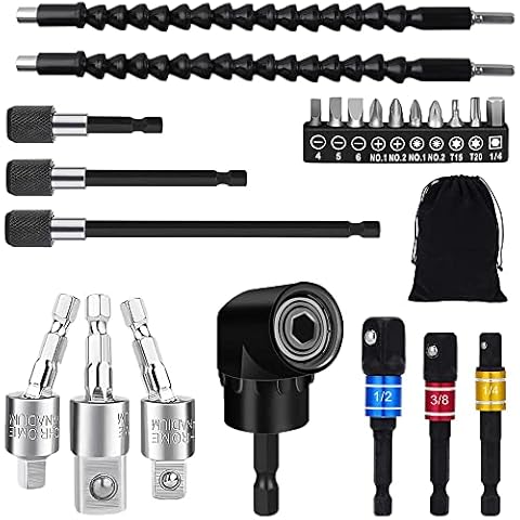 Flexible Drill Bit Extension Set, 105° Right Angle Drill Attachment, 1/4 3/8 1/2" Hex Shank Impact Driver Socket Adapter Rotatable Socket, Bendable Drill Bit Extension and Screwdriver Bit Kit Cover