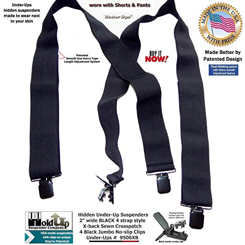 Holdup Brand 2\" Wide Black Undergarment Hidden Suspenders with/Patented Black No-slip Clips