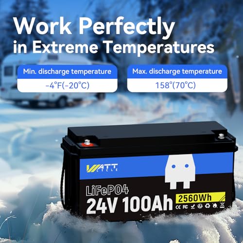 Image of WattCycle 24V 100Ah LiFePO4 Lithium Rechargeable Battery, Max.2560Wh, Built-in 100A BMS, A+ Cells, Low-Temperature Protection, Higher Power Output Efficiency - Ideal for RVs, Other 24V Equipment