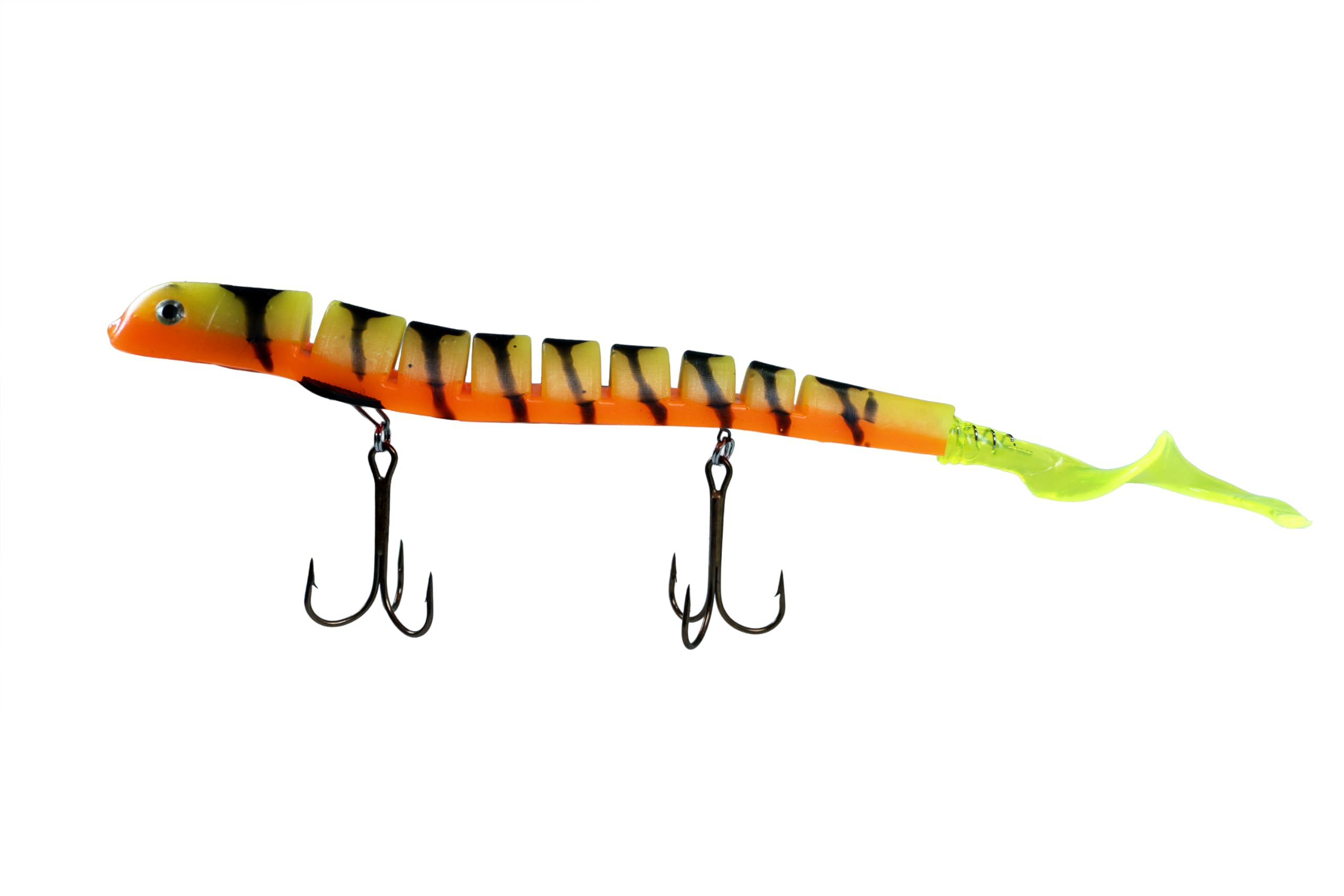 Delong Lures - Señuelos de pesca de bruja voladora para almizclado, lucio, almizcle, cebos segmentados de desgarro lento de agua dulce salada (tigre de fuego)