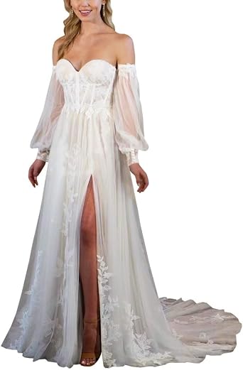 Boho Tulle Wedding Dress for Women 2024 Long A-Line Sweetheart Lace Appliques Bridal Dresses