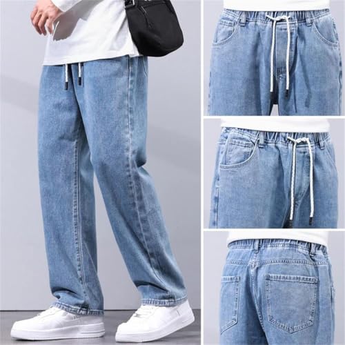 Men Baggy Pants Light Blue Wide Leg Elastic Waist Casual Denim Pants Male Long Trousres4