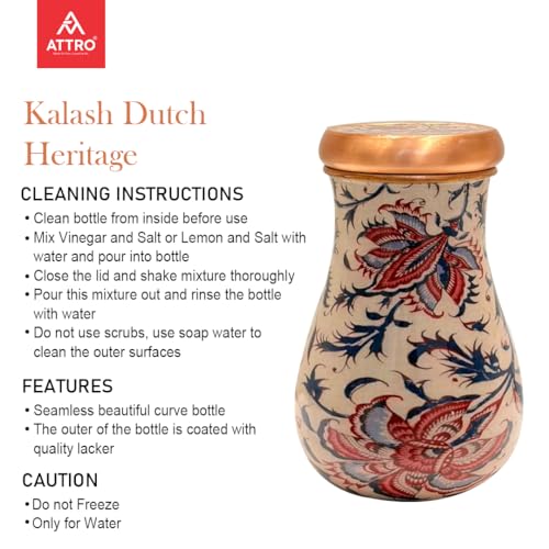 Image of ATTRO Kalash Copper Water Pot - Designer Water Storage & Serving, Ayurvedic Health Benefits, Supports Overall Health & Healthy Skin, 750ml Dutch Heritage
