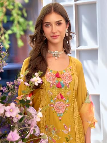 Image of INDO ERA Women's Silk Blend Floral Embroidered Thread Work Kurta & Pant with Dupatta Set (IEOUT13229)
