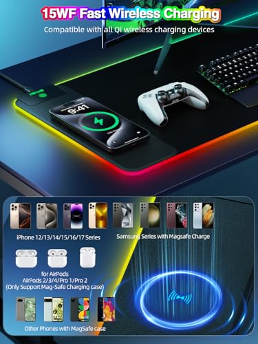 Image of Wireless Charging Mouse Pad, 31.5 inchx11.81 inch XL Gaming Mousepad with 11 RGB Colors & 5 Lighting Modes, Home Office Large Desk Pad, Ultra-Smooth Surface, Non-Slip, Waterproof Keyboard Pad Black Desk Mat