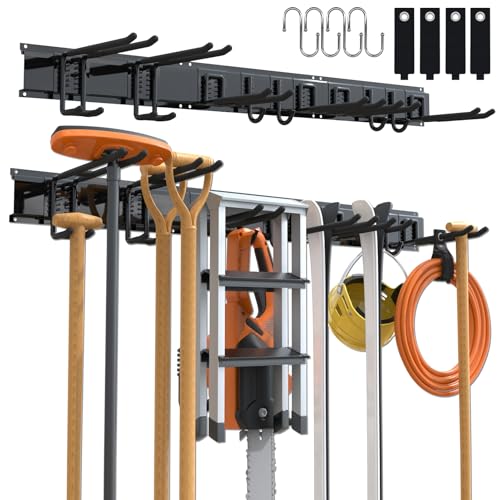 3-H Porte Outils Mural Jardin 120cm, Range Outils de Jardin en Acier Carbone avec 3 Rails & 10 Crochets de Garage Réglables & 4 Crochets S & 4 Sangles |...