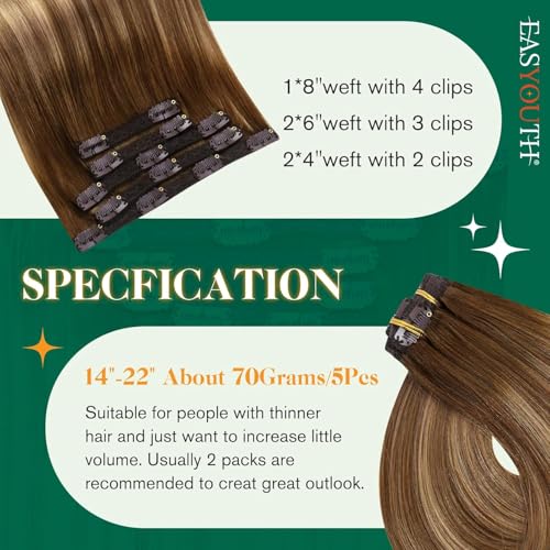 Easyouth Clip in Extensions Real Human Hair Brown Ombre Clip in Human Hair Extension Balayage Brown to Blonde Real Hair Clip in Extensions Long for Women 22 Inch 70g 5Pcs #4/27/4 - Image 3