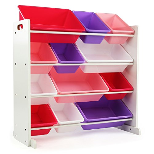 Tot Tutors Kids' Toy Storage Organizer with 12 Plastic Bins, White/Pink & Purple