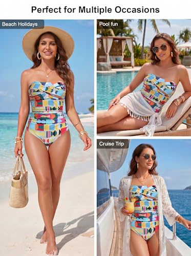 Image of Smismivo Tummy Control Swimwear Strapless One Piece Swimsuit Ruched Bathing Suits for Women Slimming Bandeau Tube Top Bikini