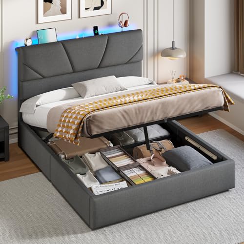 Image of DICTAC 4ft6 Double Ottoman Bed with LED Lights – 760L+ Storage, Hydraulic Lift-Up, 52cm Dual‑Zone Upholstered Headboard, Charging Station, Adjustable Height, Grey
