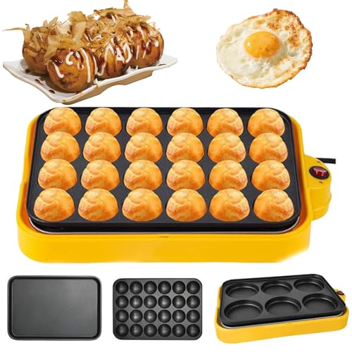 Takoyaki Maker, 24 Fori Padella Elettrica con 3 Padelle, Padella Antiaderente da 800 W, Finitura In Raso, Controllo Automatico della Temperatura, Rimovibile e Lavabile, per Sandwich, Uova, Bistecca