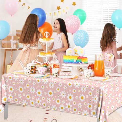 Image of 3Pack Tablecloth, Groovy Daisy Table Cover Pink Flower Birthday Party Decoration, Plastic Retro Hippie Boho Daisy Party Table Cloths for Girl Birthday Baby Shower Wedding Supplies