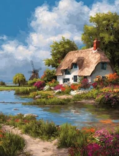 XFENDOUDOU Cross Stitch Kits for Adults Beginners Stamped Riverside Chalet Counted Printed Embroidery Kit Needlework Wall Art Decor 16X20 inchs