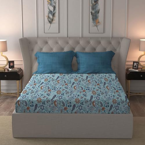Image of Trident Celebration Queen Bedsheet Set, 100% Cotton Bedsheet for Double Bed (1 Queen Size Bedsheet with 2 Pillow Covers) Superior Softness, 144 Thread Count, Suitaible for Gifting - Chinthz Blue