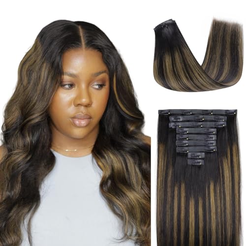 Lashey Seamless Clip in Hair Extensions Human Hair 150g 9pcs Straight Natural Black Mixed Chestnut Brown 24 Inch Hair Extensions Clip ins with PU Soft Invisi Edge
